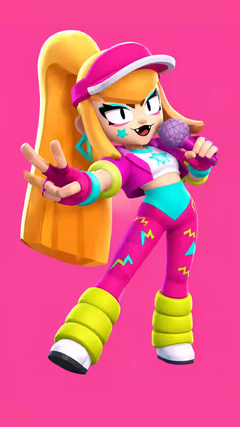 Blonde Melodie Brawl Stars wallpaper featuring the Epic idol brawler with a pink cap, neon pink and cyan outfit, holding a microphone and making a peace sign against a hot pink background.