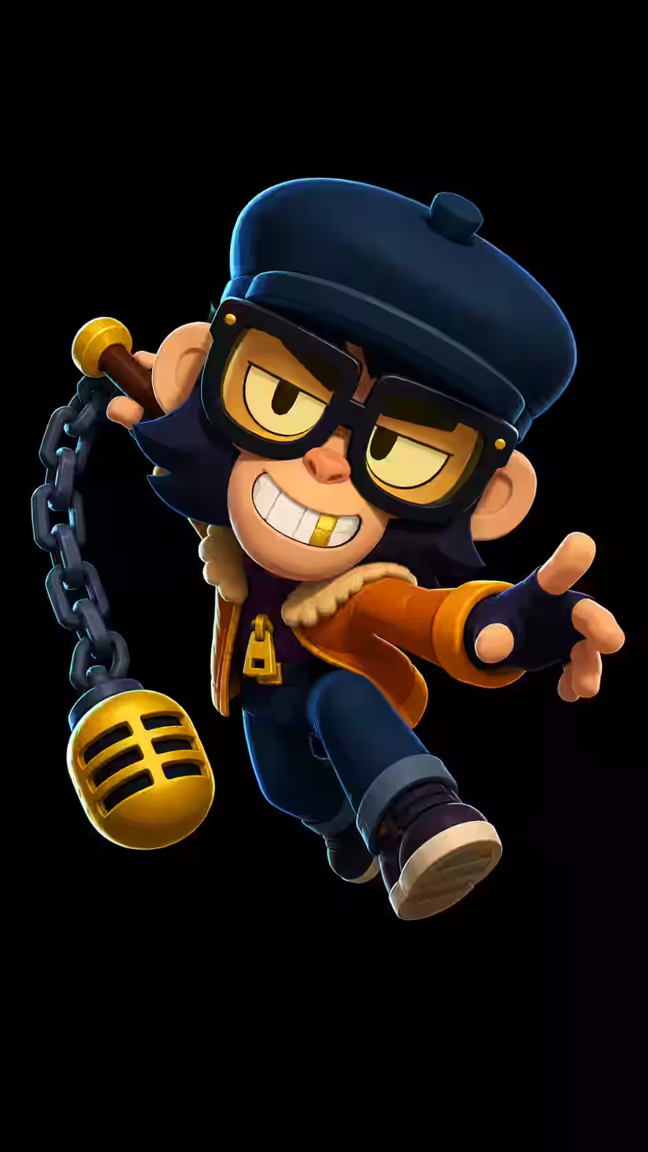 Mico from Brawl Stars wearing oversized glasses, a blue beret, and an orange jacket while swinging a golden microphone on a chain against a black background.