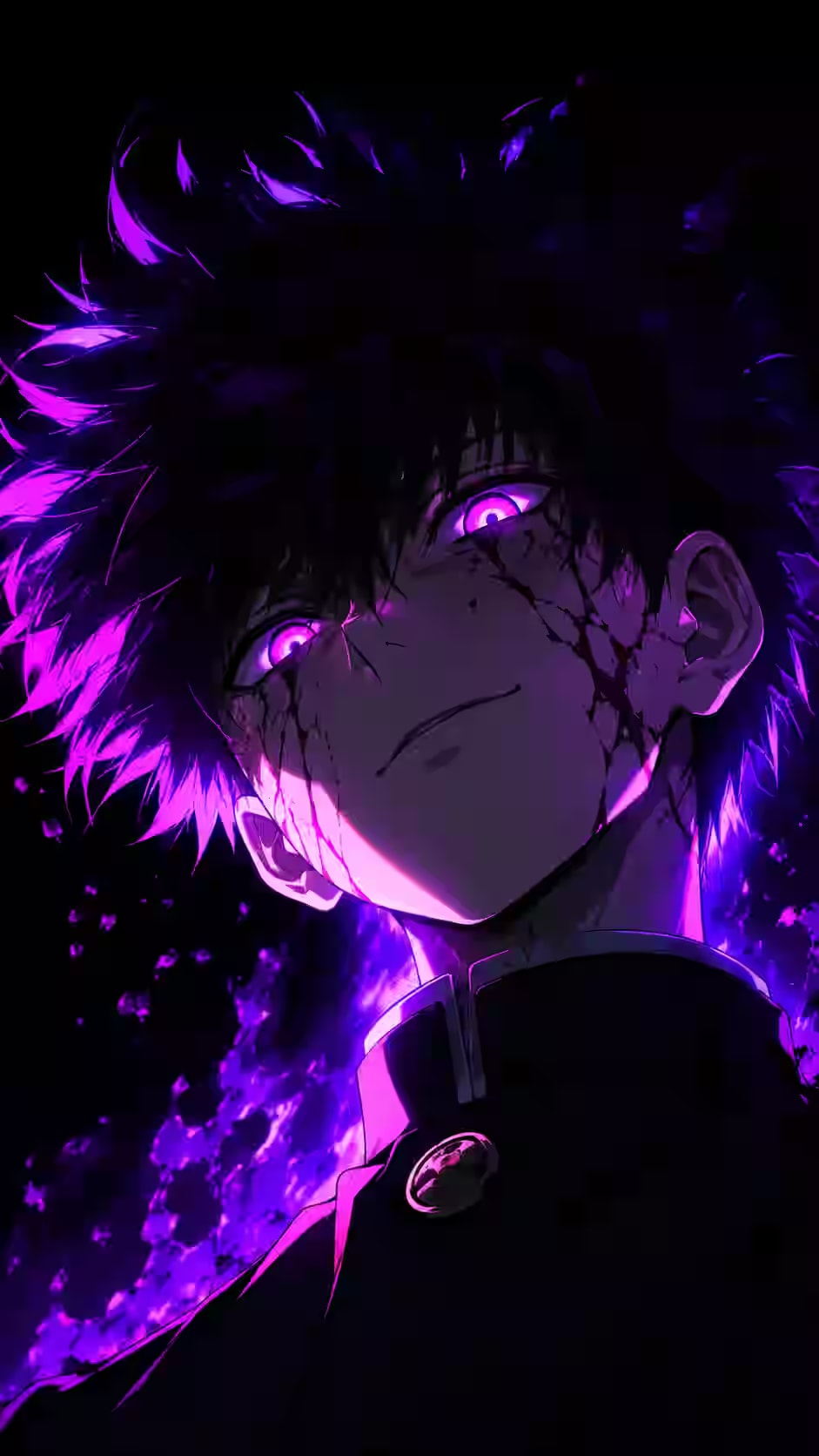 Mob Psycho 100 character Shigeo Kageyama with glowing violet psychic eyes and purple aura energy, black cracks spreading across his face against a pure black background.