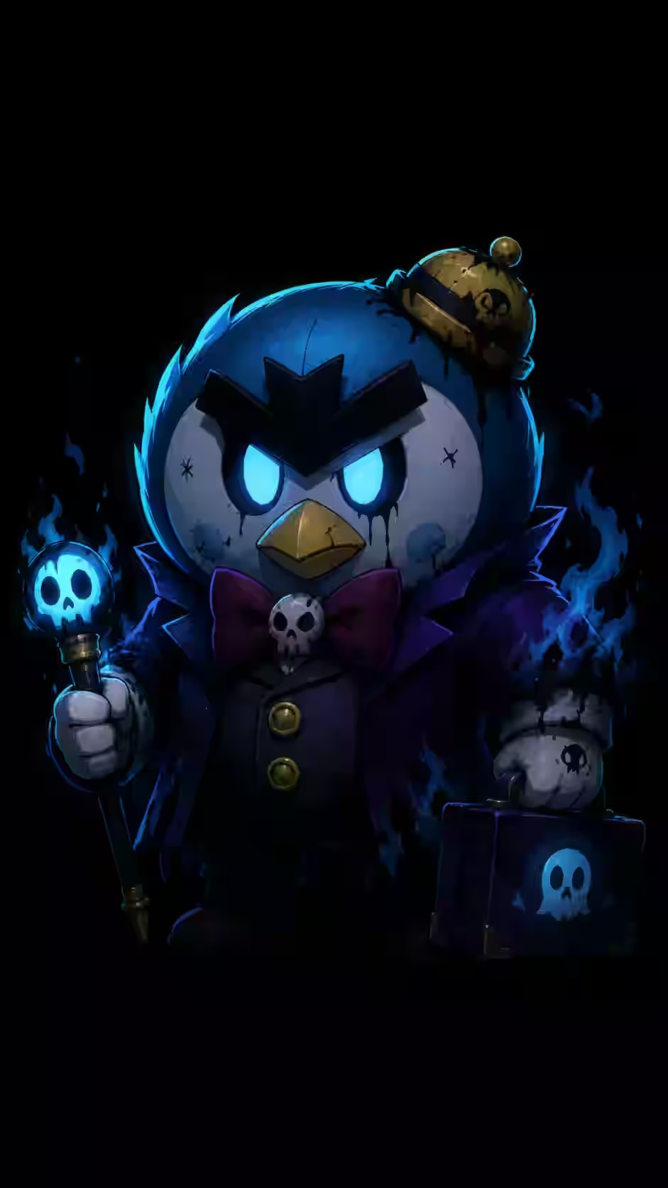 Mr. P inspired blue penguin manager holding a glowing ghost staff and suitcase on a dark black AMOLED background.