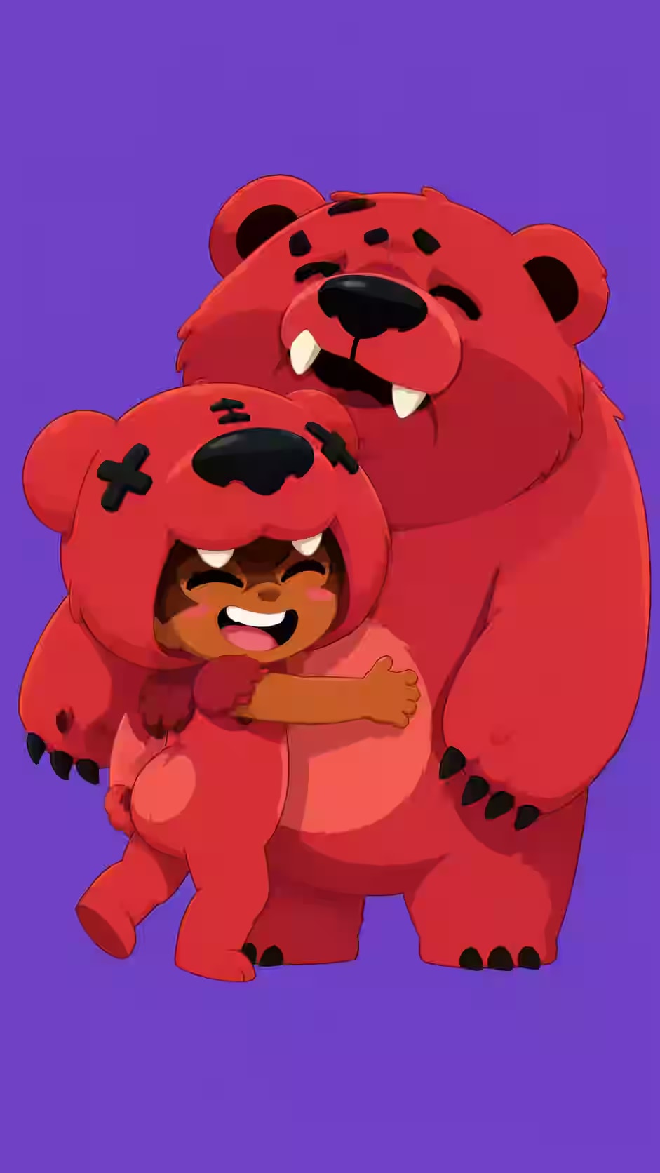 Nita Brawl Stars wallpaper showing Nita hugging Bruce the bear with a red bear hood, matching bear onesie, and purple background.