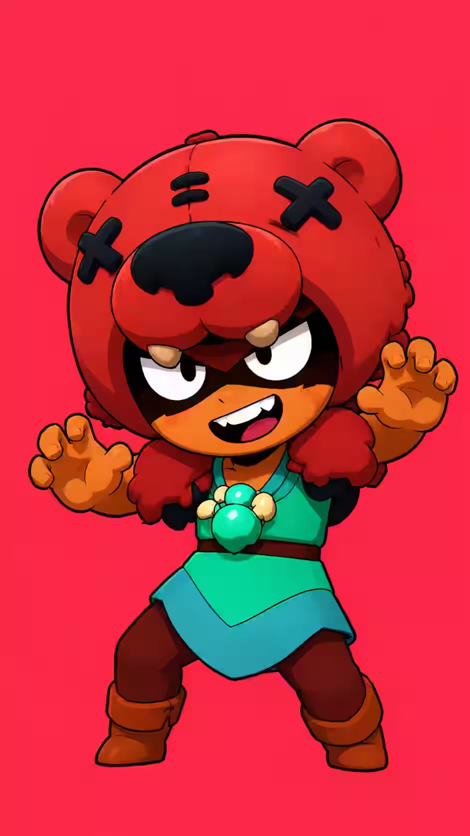 Nita Brawl Stars wallpaper featuring the default skin with a red bear hood, X stitched eyes, green dress, bear claw pose, and red background.