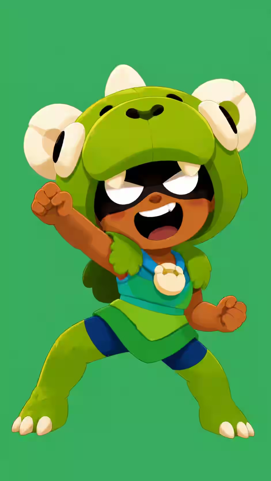 Nita Brawl Stars wallpaper featuring the Shiba Nita skin with a green frog hood, big white eyes, blue dress, claw pose, and green background.