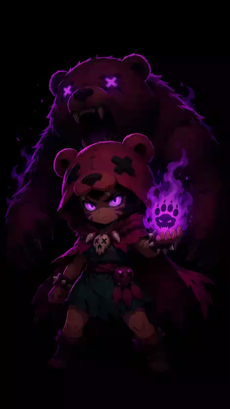 Nita inspired warrior wearing a bear hood with glowing purple eyes while summoning a massive spirit bear on a black AMOLED background.