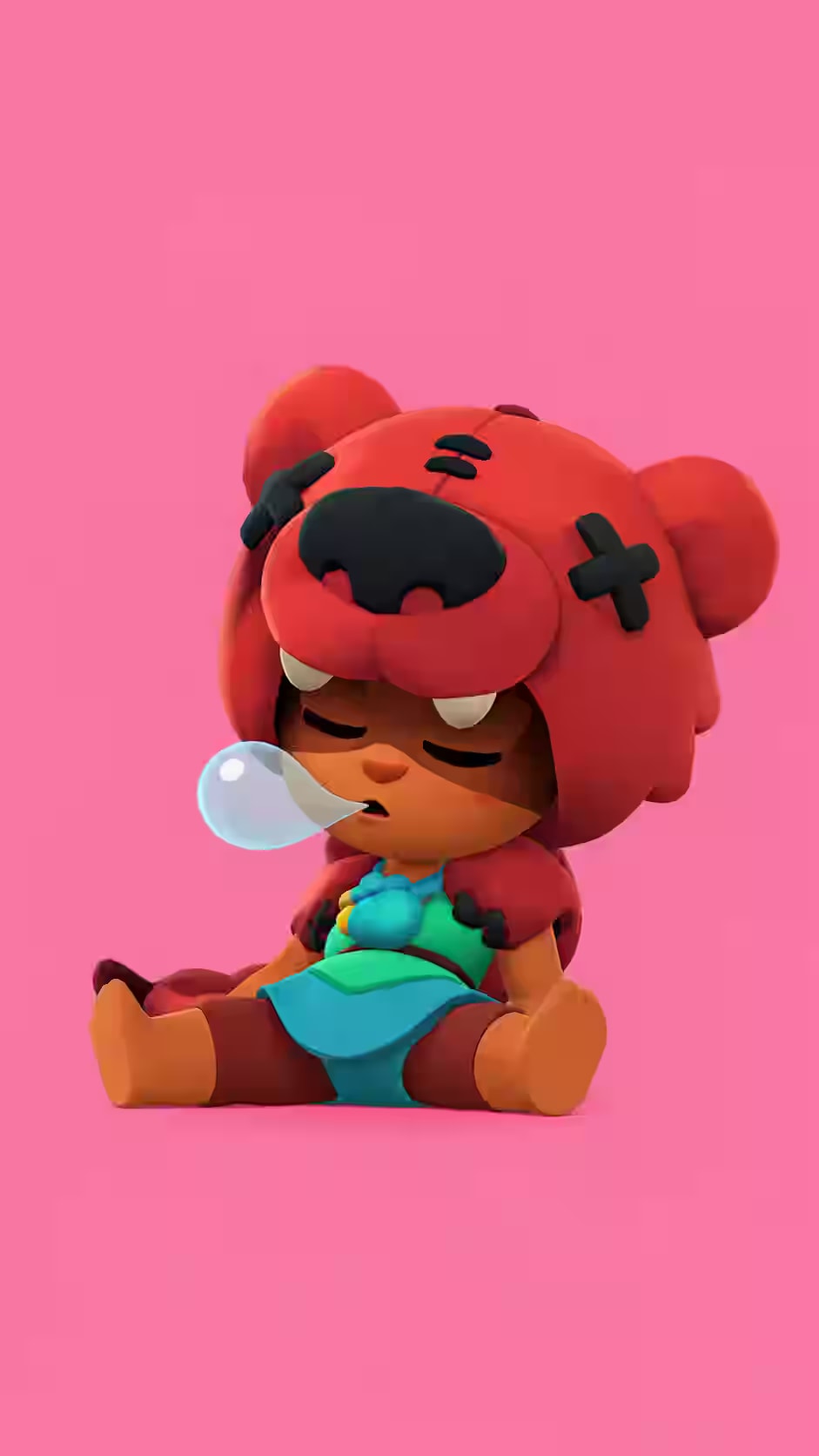 Nita Brawl Stars chibi wallpaper showing the default skin sleeping with a red bear hood, bubble from nose, green dress, and pink background.