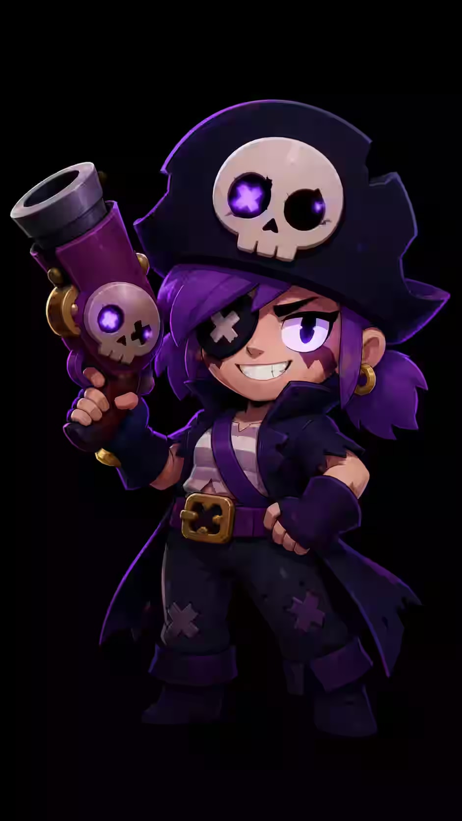 Penny inspired pirate girl holding a skull cannon with a glowing purple eye on a pure black AMOLED background.