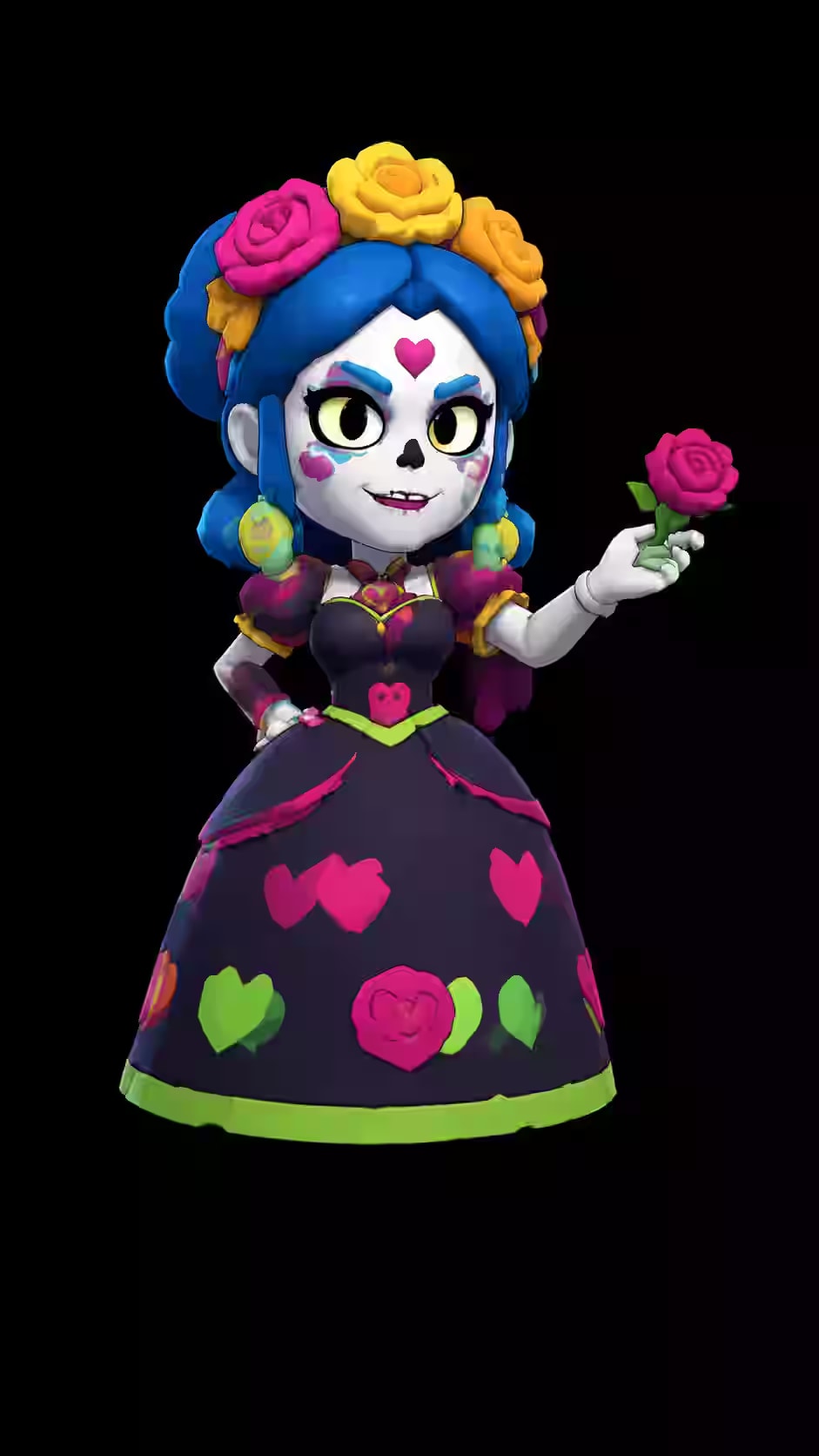 Piper character with blue hair, flower crown, elegant dark dress and rose in hand on a black background for gaming phone wallpaper