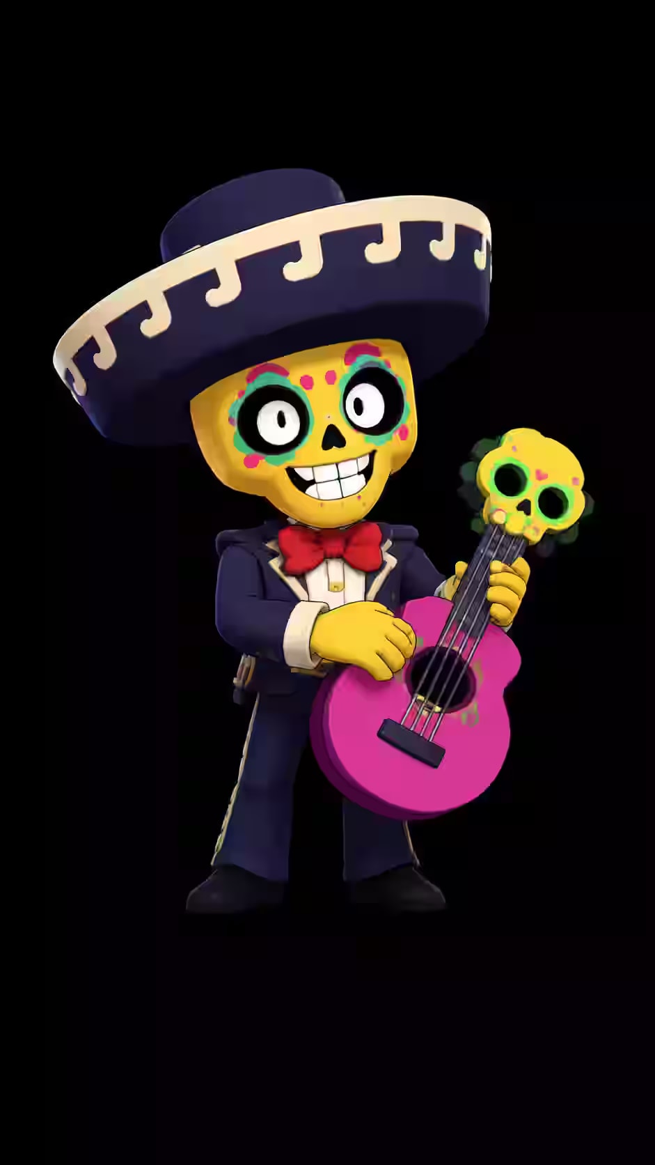 Poco character with yellow skull face, purple outfit and pink guitar on a black background for gaming phone wallpaper