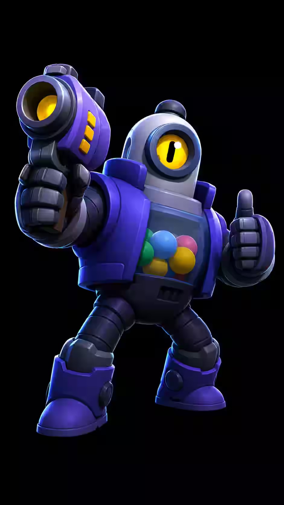 Rico from Brawl Stars aiming his blaster while giving a thumbs up, featuring a blue robot body, glowing yellow eye, and colorful gumballs against a black background.