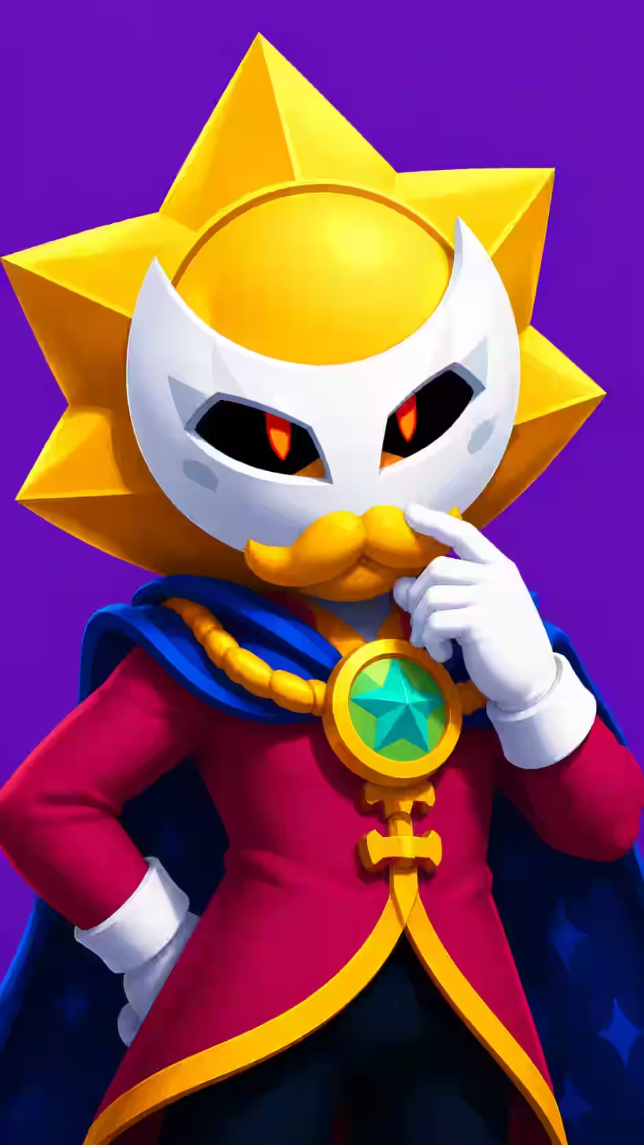 Sirius portrait featuring a golden sun headpiece, white mask, glowing red eyes, crimson coat, blue cape, and purple background.