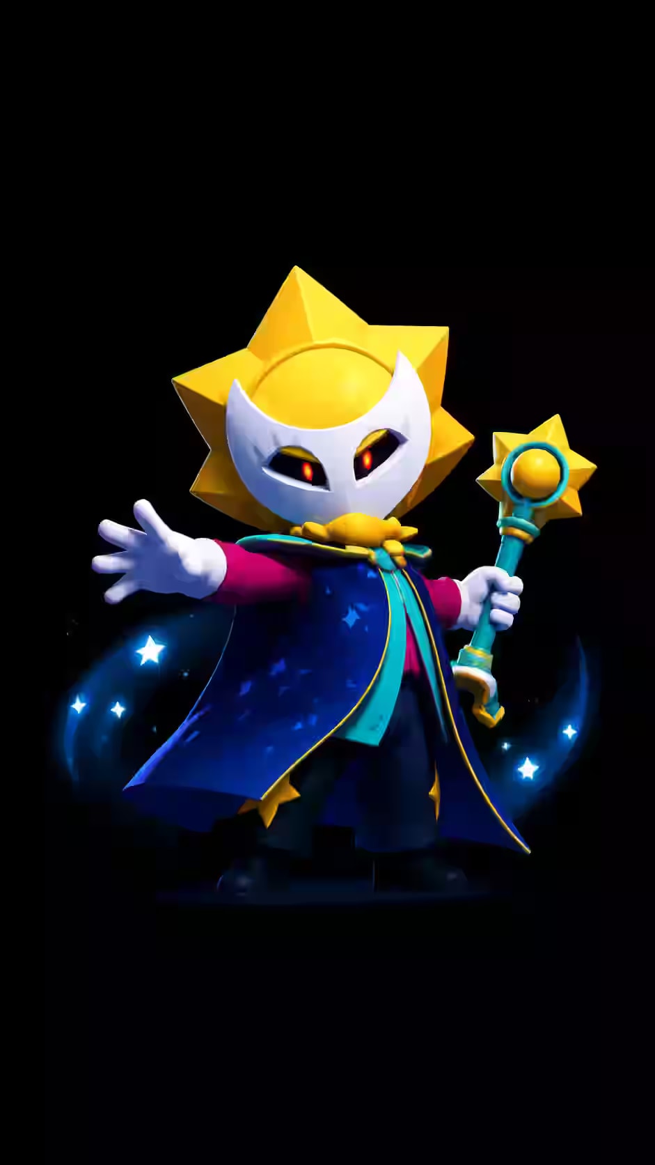Sirius Brawl Stars wallpaper featuring Sirius wearing a celestial mask while holding a glowing star staff against a pure black background.