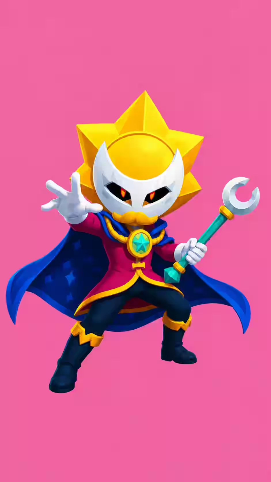 Sirius Brawl Stars wallpaper featuring Sirius reaching forward with a golden sun mask, glowing red eyes, blue cape, and pink background.