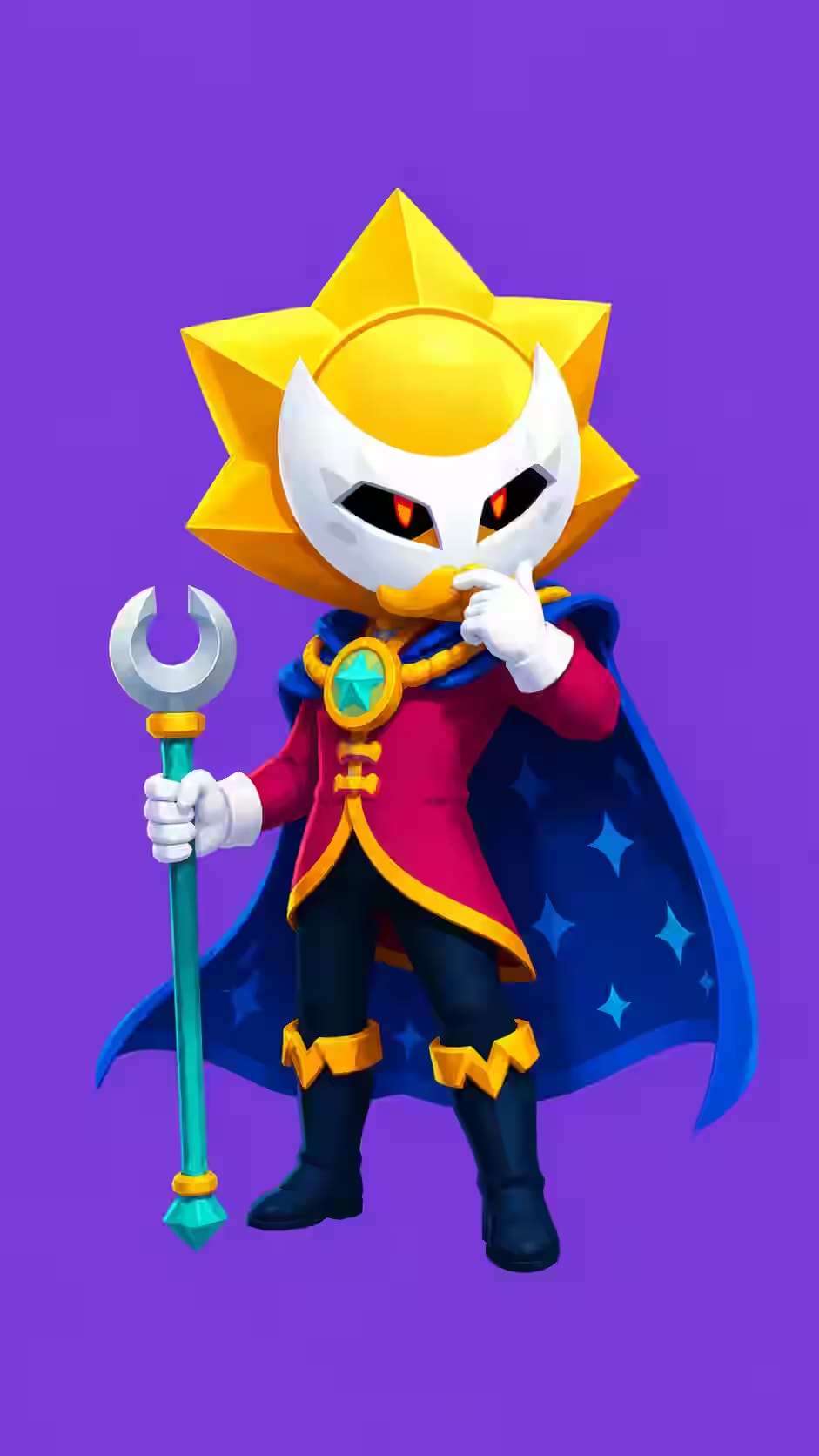 Sirius Brawl Stars wallpaper featuring the masked cosmic performer with glowing red eyes, golden sun mask, blue cape, and purple background.