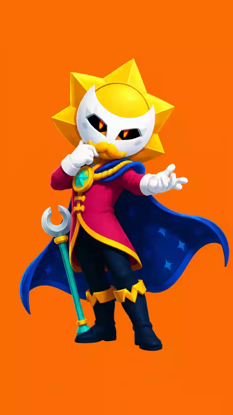 Sirius wallpaper featuring the Brawl Stars character with a golden sun mask, blue cape, teal staff, and bright orange background.