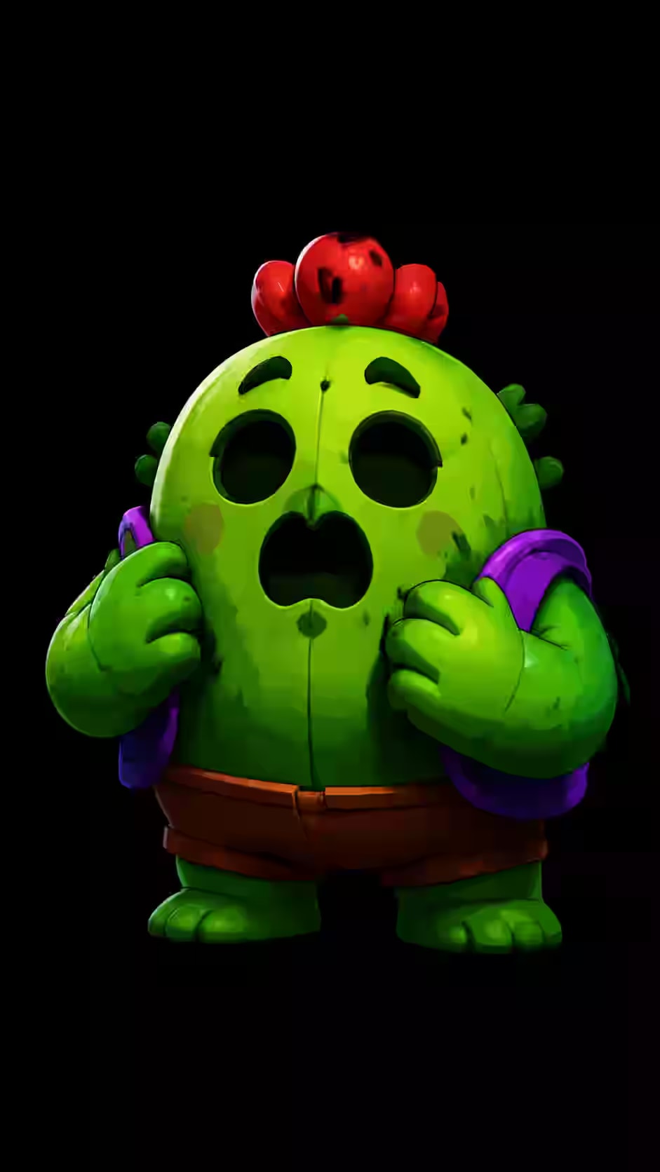 Scared Spike cactus character with a surprised expression on a black background for a cute dark gaming phone wallpaper.