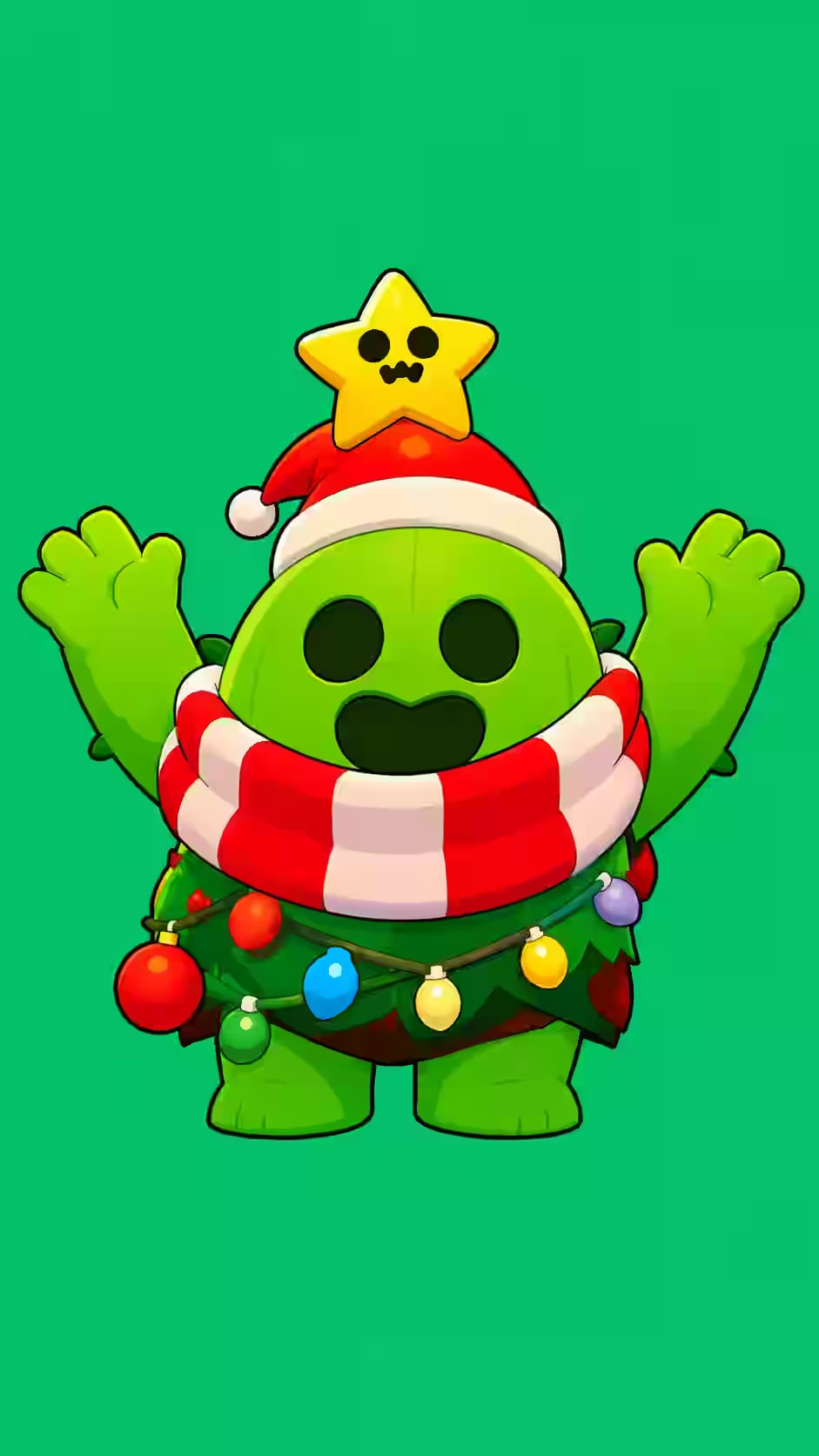 Spike Brawl Stars wallpaper featuring the Sakura Spike festive skin with a Santa hat, star topper, candy cane scarf, ornament lights, and green background.
