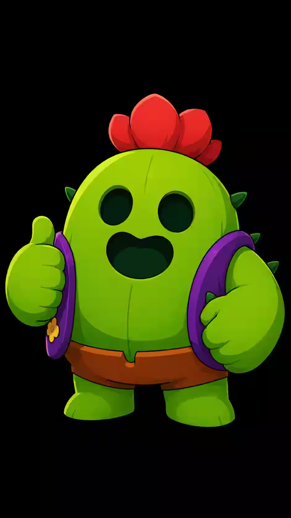 Spike inspired happy green cactus giving a thumbs up with a red flower on a pure black AMOLED background.