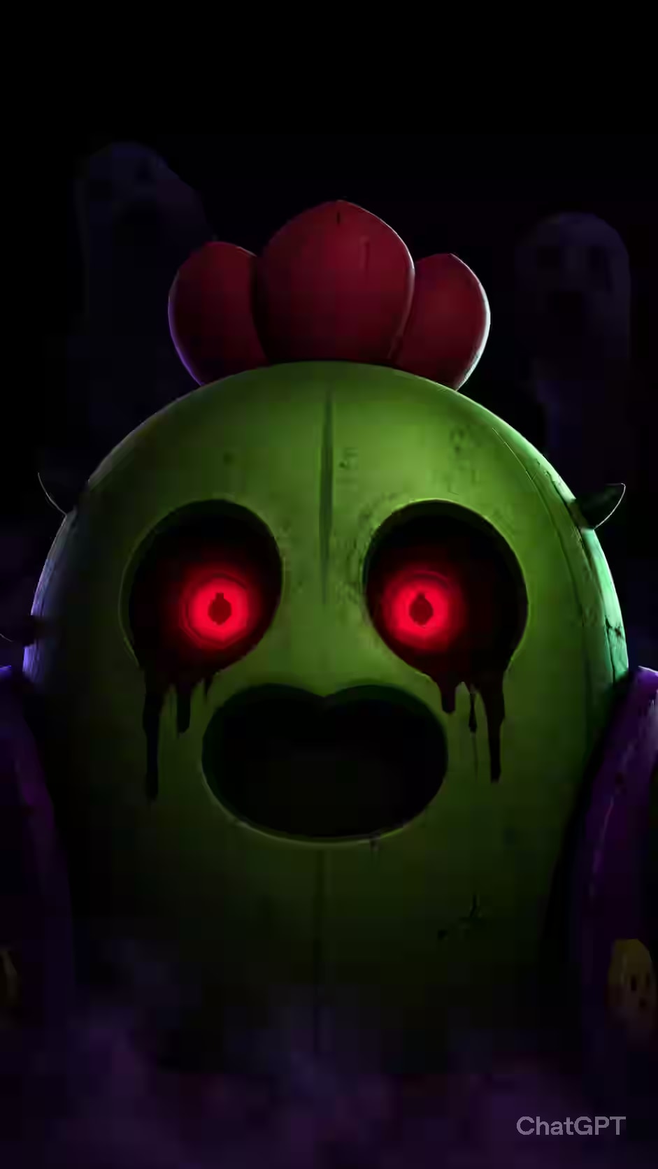 Spike inspired haunted cactus with glowing red eyes on a dark black AMOLED background surrounded by ghostly purple shadows.