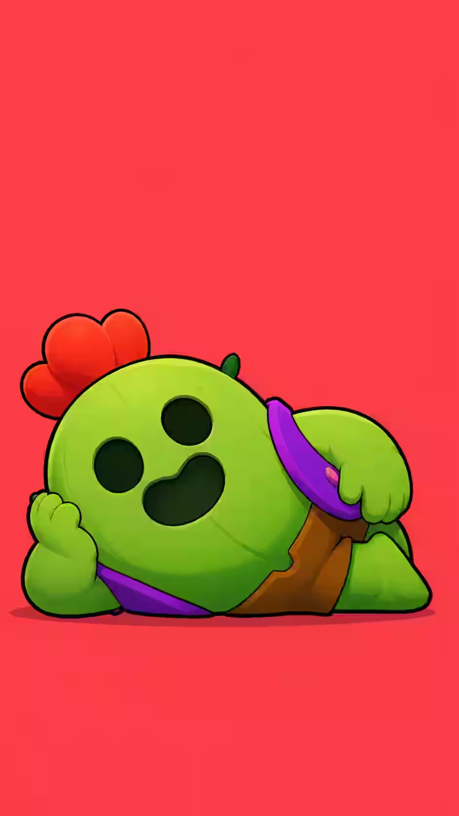 Spike Brawl Stars wallpaper showing the cactus brawler lying down with a red flower, purple sash, and red background.