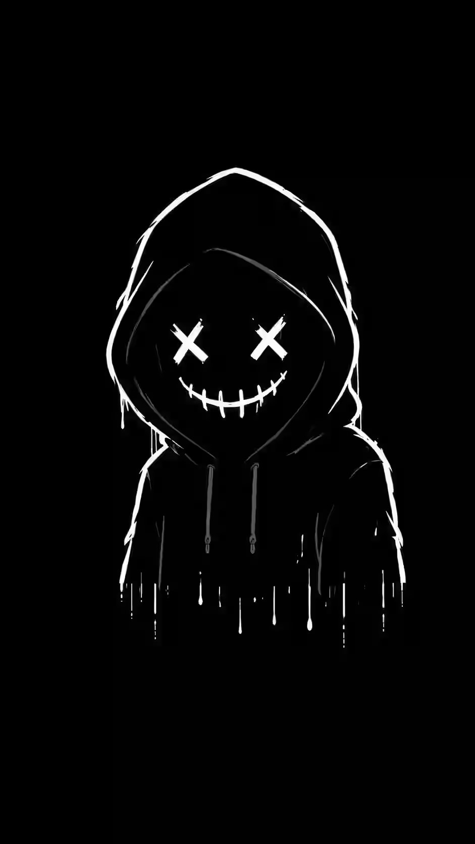 Black and white illustration of a hooded figure with X eyes and a dripping outline against a solid black background.