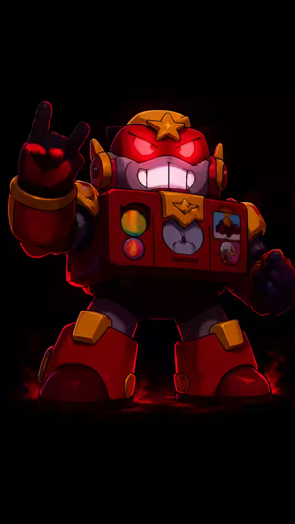 Brawl Stars wallpaper featuring Surge with glowing red eyes on a pure black background in a dark robotic style.